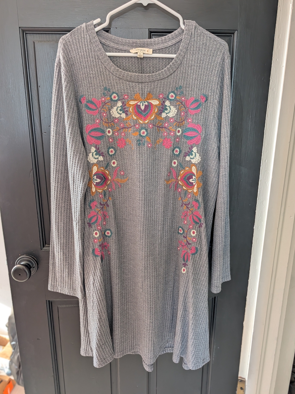 Umgee Gray Waffle Knit Long Sleeve Dress with Pink & Gold Floral Embroidery
